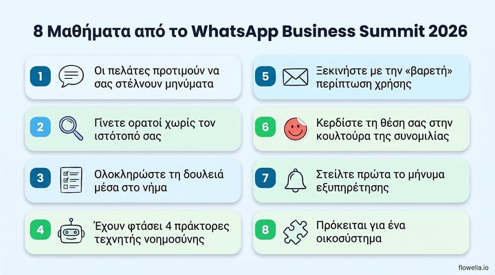 WhatsApp Business Summit 2026 infographic listing eight lessons, from customers preferring to message you to treating WhatsApp as an ecosystem play