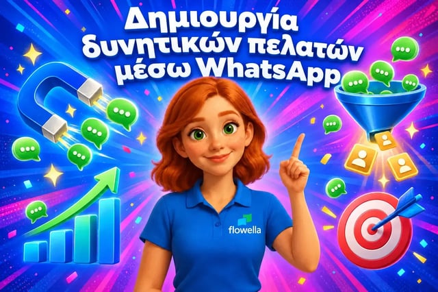 Η Flo από τη Flowella δείχνει τον τίτλο «WhatsApp Lead Generation», ενώ γύρω της βρίσκονται ένας μαγνήτης, ένα χωνί και φυσαλίδες συνομιλίας που μετατρέπονται σε υποψήφιους πελάτες