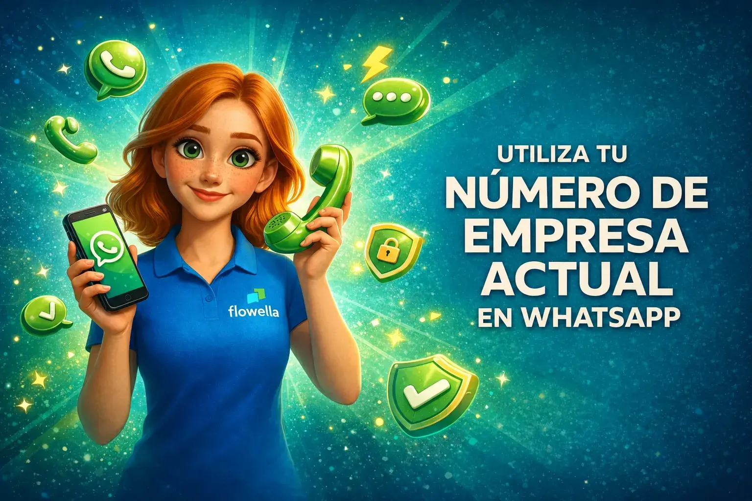 Flo, el personaje de Flowella, sostiene en una mano un smartphone en el que se ve una conversación de WhatsApp y, en la otra, un auricular de teléfono retro, junto a las palabras «Utiliza tu número de empresa actual en WhatsApp».