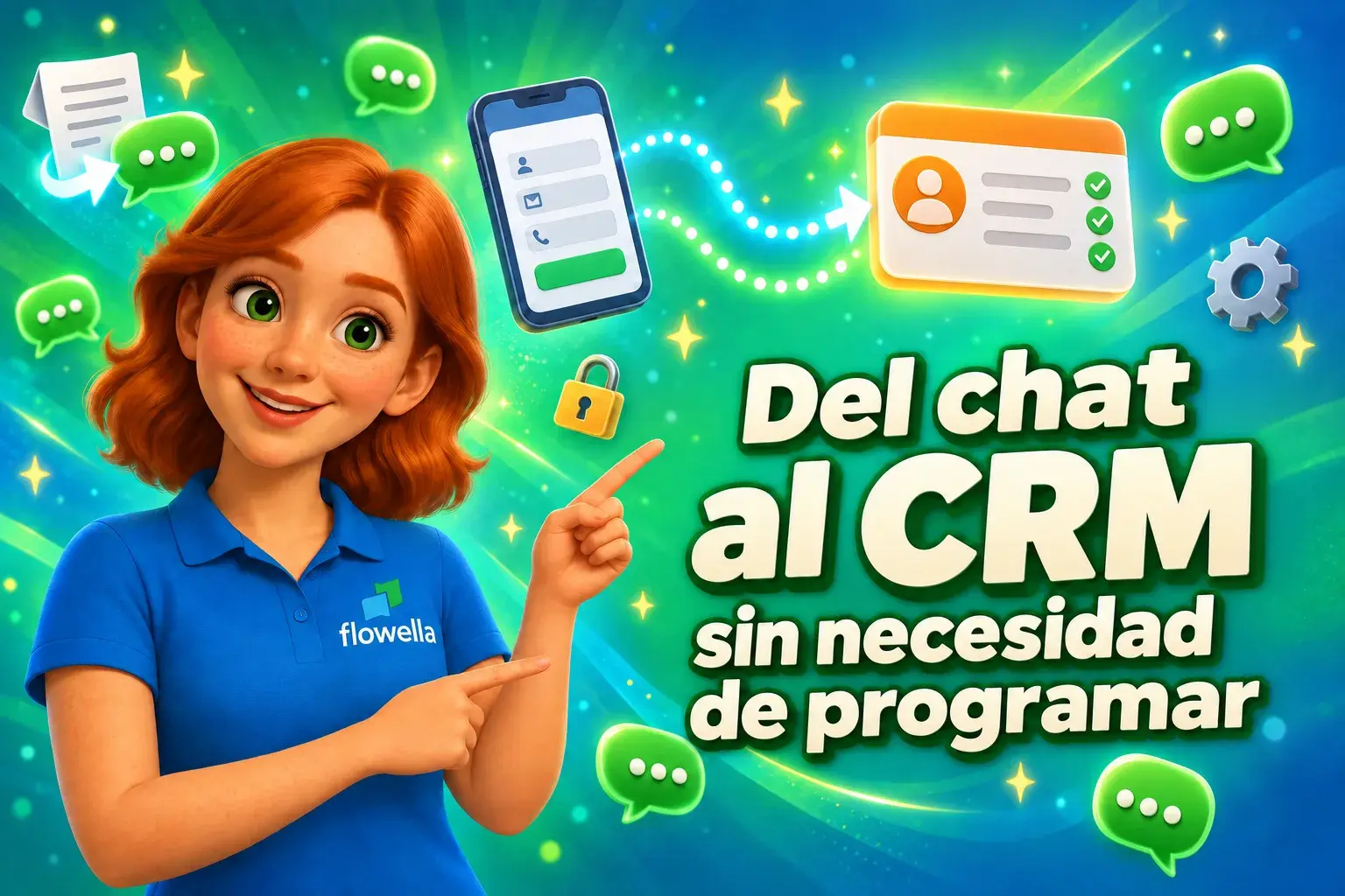 Flo, de Flowella, señala el titular «Del chat al CRM», con un formulario de WhatsApp Flow sincronizado con una ficha de contacto de HubSpot.
