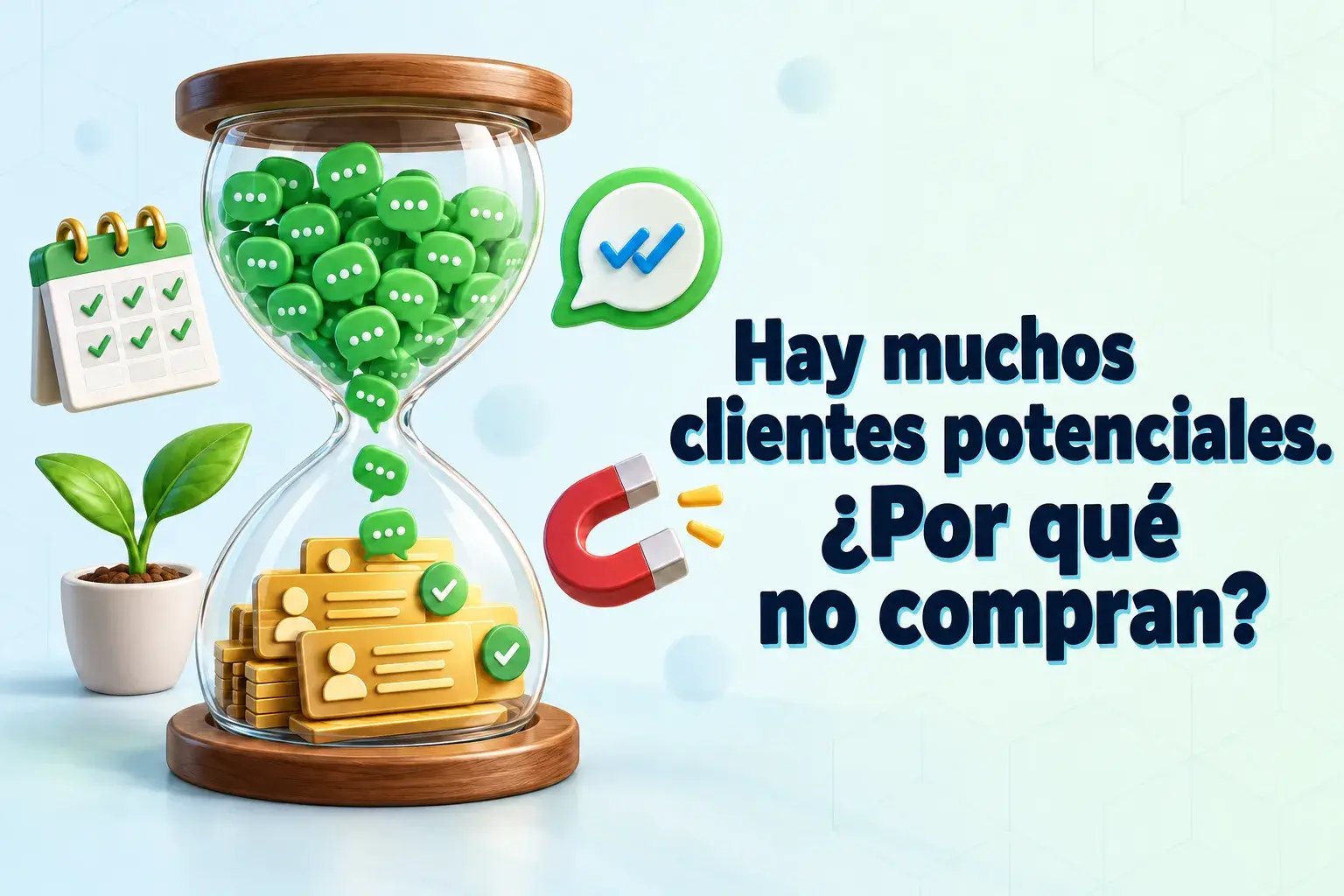 Un reloj de arena que se va llenando de burbujas de chat de WhatsApp que se convierten en fichas de contacto, lo que ilustra por qué los clientes potenciales aún no compran.