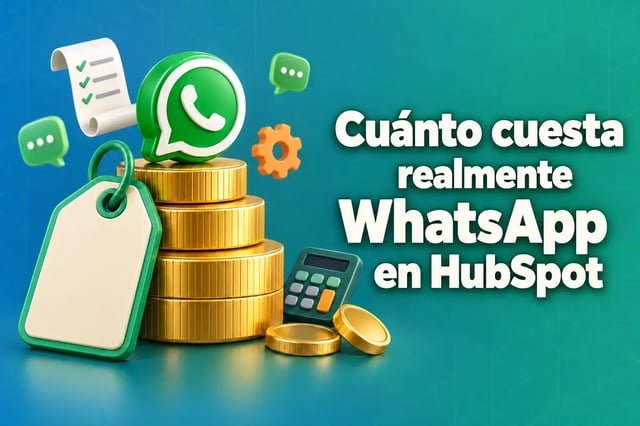 Precio de WhatsApp en HubSpot: una etiqueta de precio apoyada sobre una pila de monedas de oro coronada por un globo de chat verde, junto al titular «Cuánto cuesta realmente WhatsApp en HubSpot»