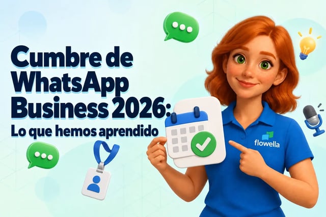 Lecciones de la WhatsApp Business Summit 2026: Flo sosteniendo un cartel con un calendario junto al titular «Lo que hemos aprendido»