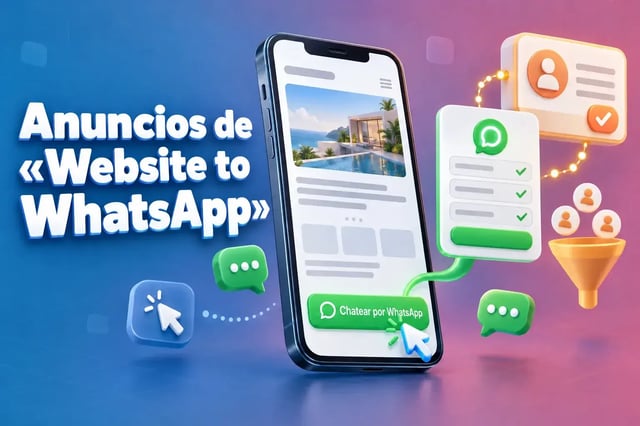 Anuncios de la página web a WhatsApp: una página de destino en el móvil con un botón «Chatear en WhatsApp» que redirige a un WhatsApp Flow y a una ficha de contacto del CRM