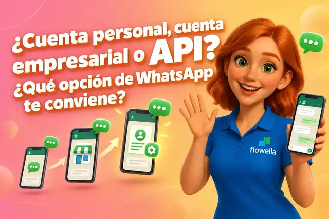 La aplicación WhatsApp Business frente a la API: Flo, de Flowella, saluda junto a tres teléfonos que muestran el paso de la cuenta personal de WhatsApp a la aplicación WhatsApp Business y, posteriormente, a la plataforma WhatsApp Business.