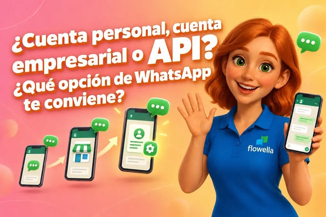 La aplicación WhatsApp Business frente a la API: Flo, de Flowella, saluda junto a tres teléfonos que muestran el paso de la cuenta personal de WhatsApp a la aplicación WhatsApp Business y, posteriormente, a la plataforma WhatsApp Business.