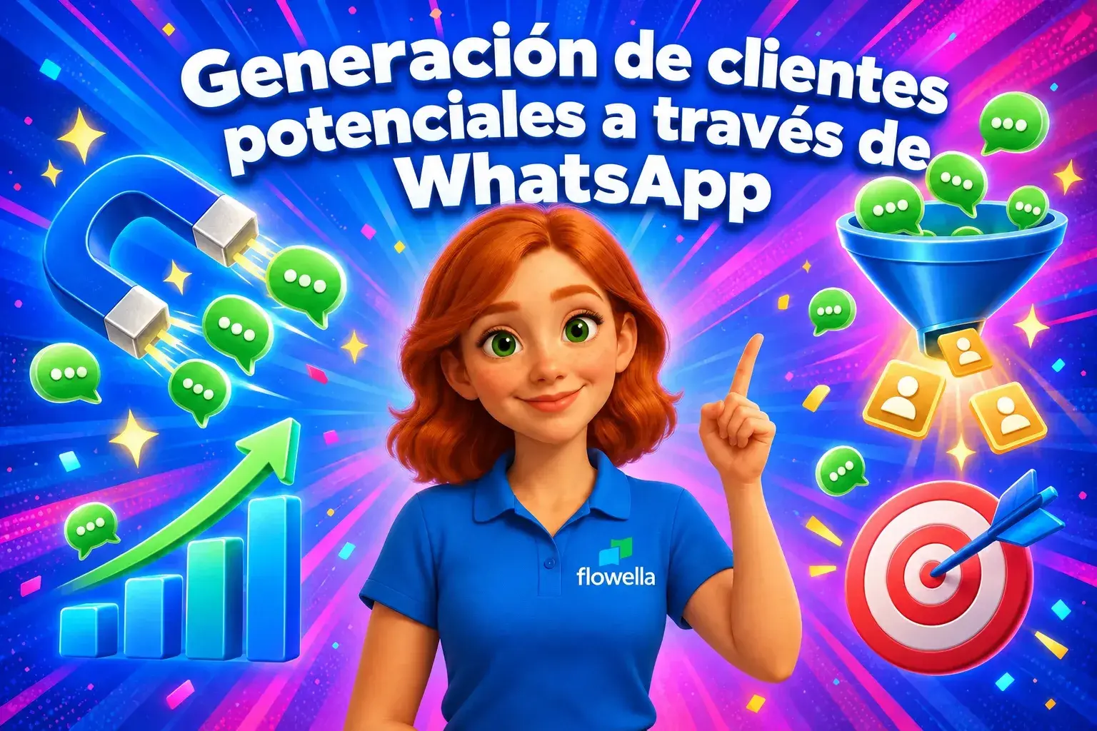Flo, de Flowella, señala el titular «Generación de clientes potenciales en WhatsApp», rodeada de un imán, un embudo y bocadillos de chat que se convierten en clientes potenciales.