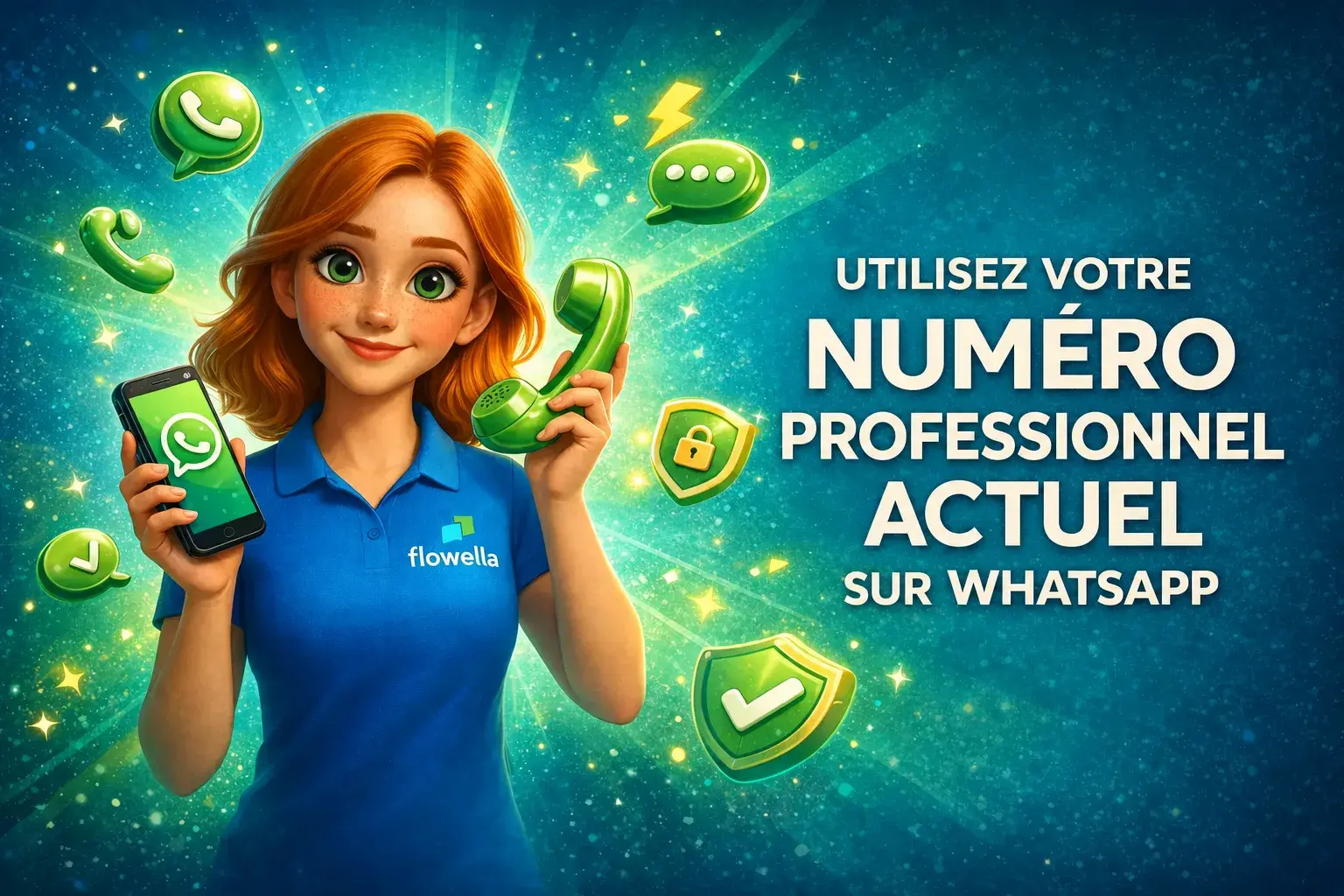 Flo, le personnage de Flowella, tient d'une main un smartphone affichant une conversation WhatsApp et de l'autre un combiné téléphonique rétro, à côté de la mention « Utilisez votre numéro professionnel actuel sur WhatsApp ».