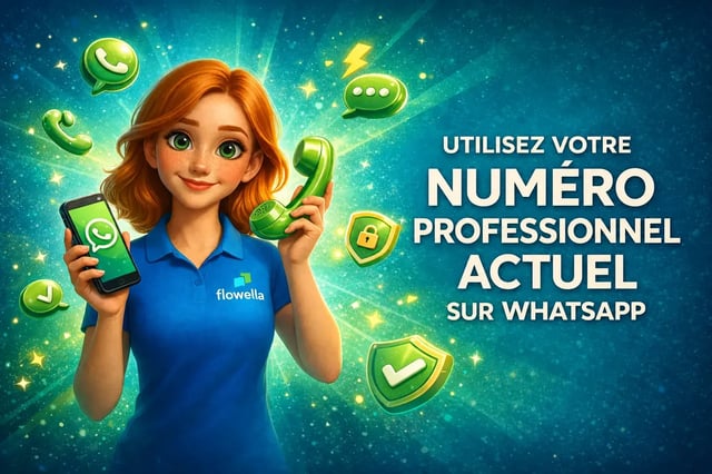 Flo, le personnage de Flowella, tient d'une main un smartphone affichant une conversation WhatsApp et de l'autre un combiné téléphonique rétro, à côté de la mention « Utilisez votre numéro professionnel actuel sur WhatsApp ».