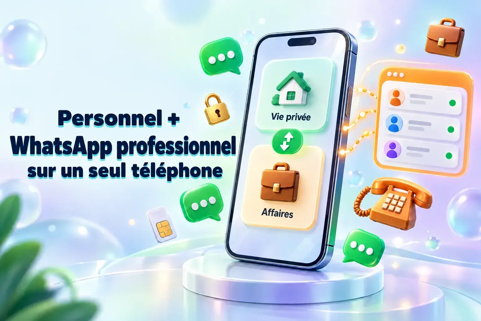 WhatsApp personnel et professionnel sur le même téléphone : un smartphone permettant de basculer entre les comptes personnel et professionnel, avec une boîte de réception commune pour l'équipe