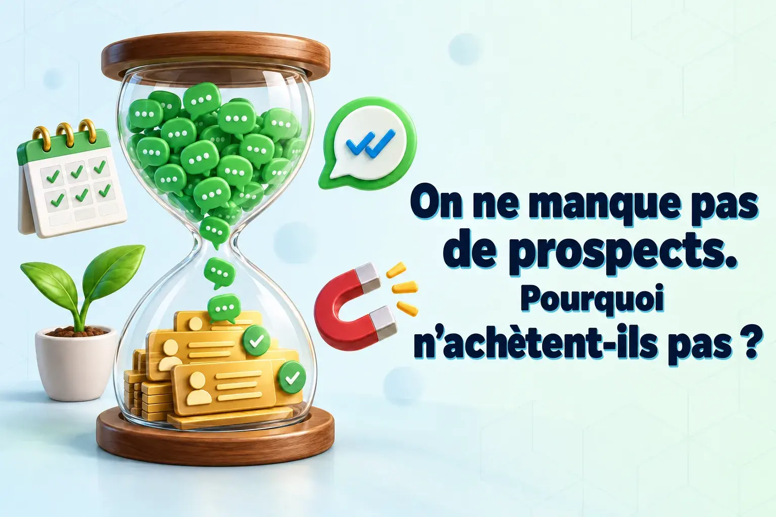 Un sablier se remplissant de bulles de discussion WhatsApp qui se transforment en fiches de contact, illustrant pourquoi les prospects n'achètent pas encore