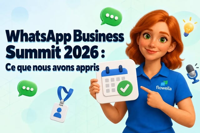 Leçons tirées du WhatsApp Business Summit 2026 : Flo tenant un panneau représentant un calendrier à côté du titre « Ce que nous avons appris »