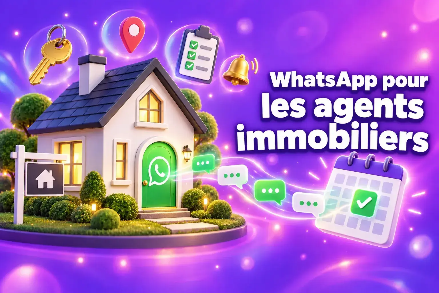 WhatsApp pour les agents immobiliers : une maison en 3D dotée d'une « porte de discussion » WhatsApp qui envoie des messages vers un calendrier de visites réservées