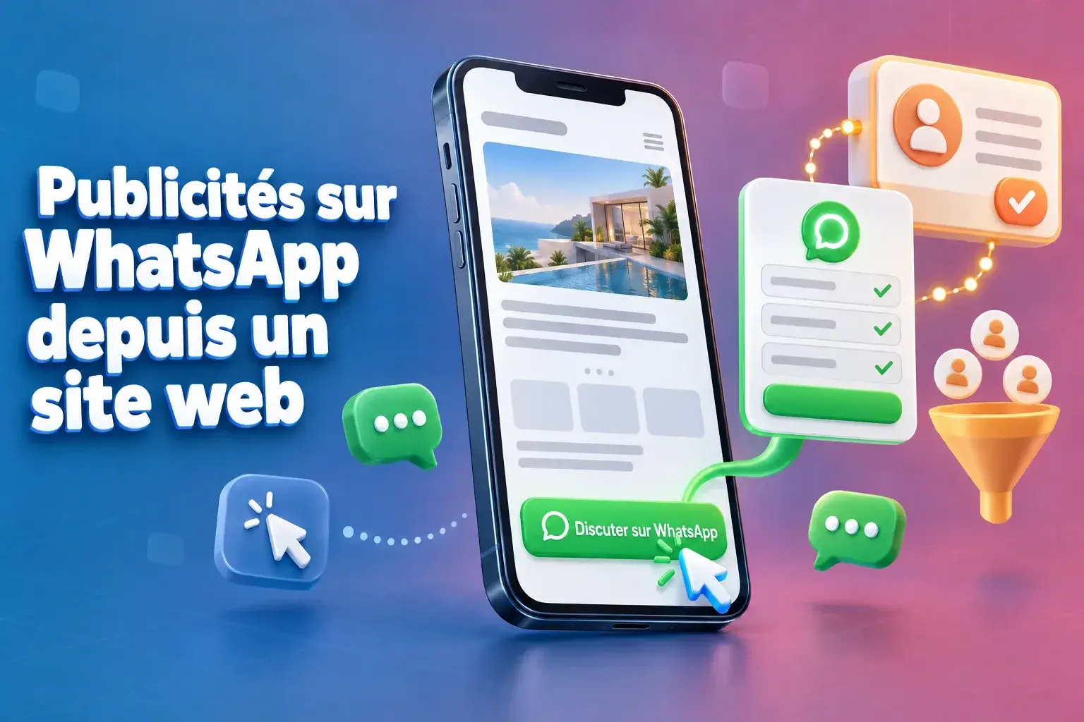 Publicités du site web vers WhatsApp : une page de destination sur un téléphone comportant un bouton « Discuter sur WhatsApp » qui redirige vers un WhatsApp Flow et une fiche de contact dans le CRM