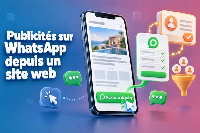 Publicités du site web vers WhatsApp : une page de destination sur un téléphone comportant un bouton « Discuter sur WhatsApp » qui redirige vers un WhatsApp Flow et une fiche de contact dans le CRM