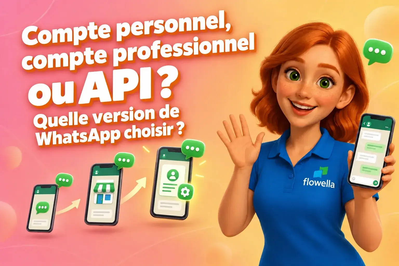 L'application WhatsApp Business face à l'API : Flo, de Flowella, fait un signe de la main à côté de trois téléphones illustrant la transition entre WhatsApp personnel, l'application Business et la plateforme WhatsApp Business