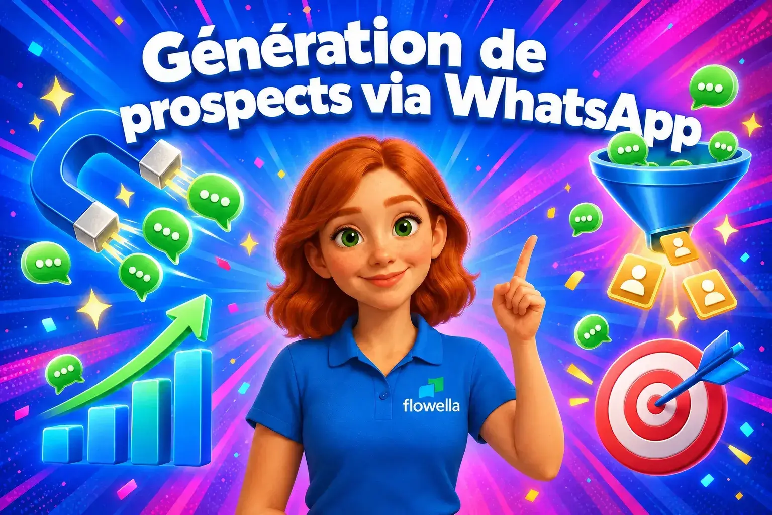 Flo, de Flowella, désigne le titre « WhatsApp Lead Generation », entourée d'un aimant, d'un entonnoir et de bulles de discussion se transformant en prospects