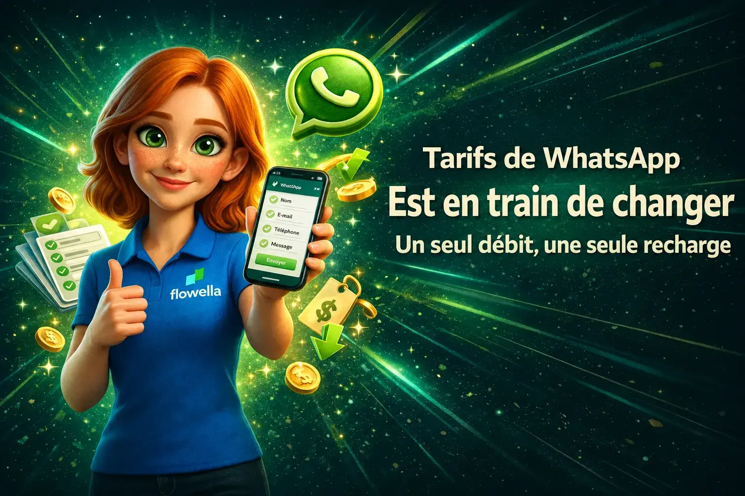 Flo tient un téléphone sur lequel s'affiche un formulaire WhatsApp Flow, avec la mention « Les tarifs WhatsApp changent : un seul flux, un seul tarif ».