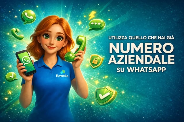 Flo, il personaggio di Flowella, tiene in una mano uno smartphone su cui è visualizzata una chat di WhatsApp e nell’altra una cornetta telefonica vintage, accanto alla scritta “Usa il tuo numero aziendale già esistente su WhatsApp”