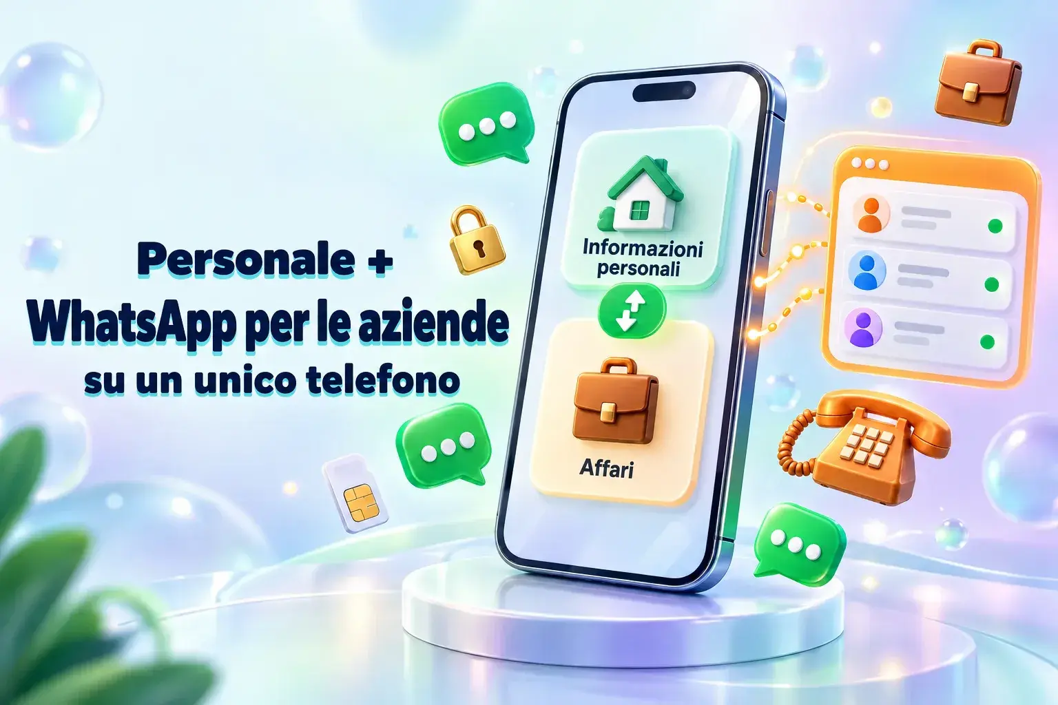 WhatsApp personale e aziendale sullo stesso telefono: uno smartphone che passa dall’account personale a quello aziendale accanto a una casella di posta condivisa del team