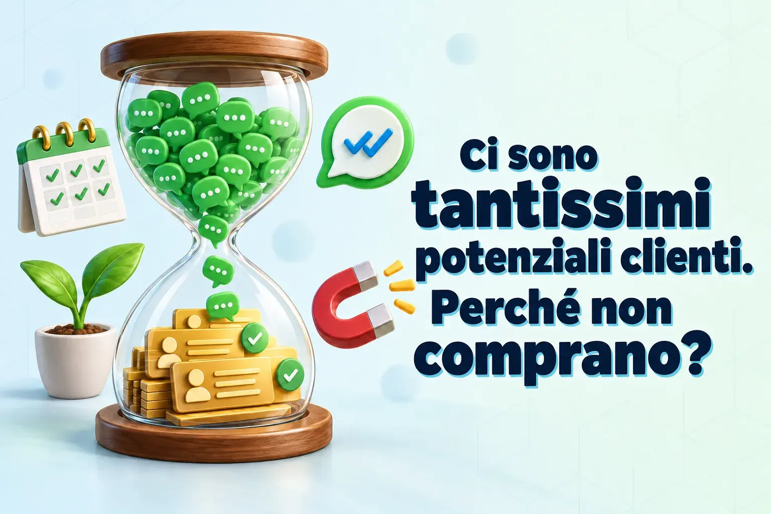 Una clessidra che si riempie di bolle di chat di WhatsApp che si trasformano in schede di contatto, a illustrare il motivo per cui i potenziali clienti non stanno ancora acquistando
