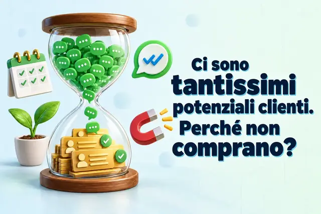 Una clessidra che si riempie di bolle di chat di WhatsApp che si trasformano in schede di contatto, a illustrare il motivo per cui i potenziali clienti non stanno ancora acquistando