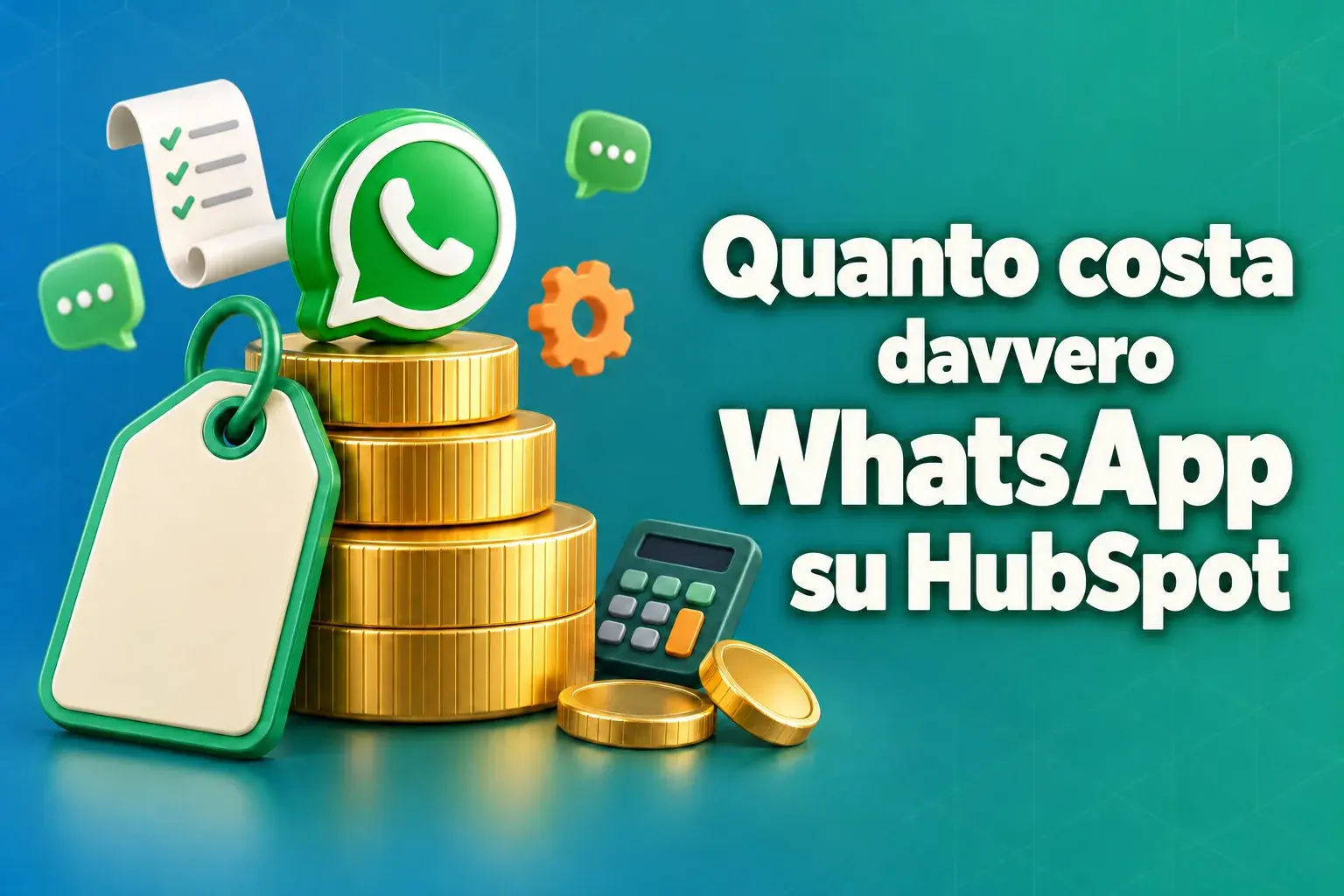 Costo di WhatsApp su HubSpot: un cartellino del prezzo appoggiato su una pila di monete d’oro sormontato da una bolla di chat verde, accanto al titolo “Quanto costa davvero WhatsApp su HubSpot”
