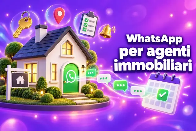 WhatsApp per agenti immobiliari: una casa in 3D con una “porta” nella chat di WhatsApp che invia messaggi a un calendario delle visite prenotate