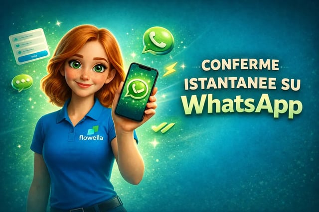 Flo di Flowella con in mano un telefono su cui è visibile una notifica istantanea di conferma inviata da HubSpot tramite WhatsApp dopo l'invio di un modulo