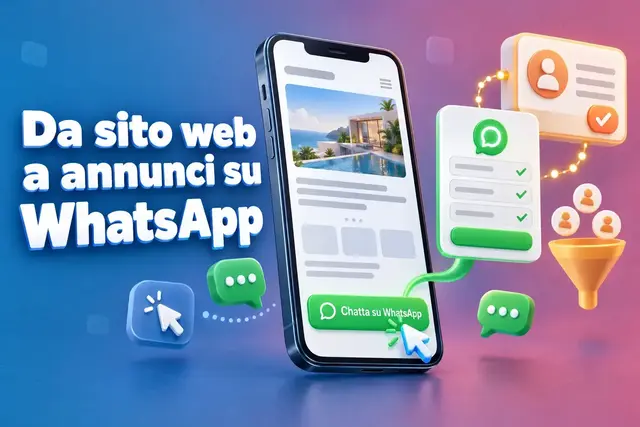 Dagli annunci sul sito web a quelli su WhatsApp: una landing page visualizzata su uno smartphone con un pulsante “Chat su WhatsApp” che reindirizza a un WhatsApp Flow e a una scheda contatto nel CRM