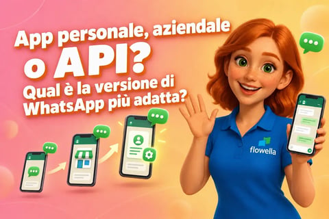 App WhatsApp Business vs API: Flo di Flowella saluta accanto a tre telefoni che illustrano il passaggio da WhatsApp personale all’app Business e infine alla piattaforma WhatsApp Business