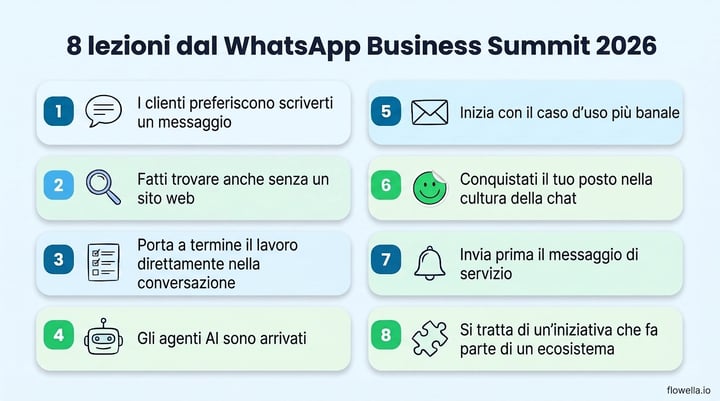 WhatsApp Business Summit 2026 infographic listing eight lessons, from customers preferring to message you to treating WhatsApp as an ecosystem play