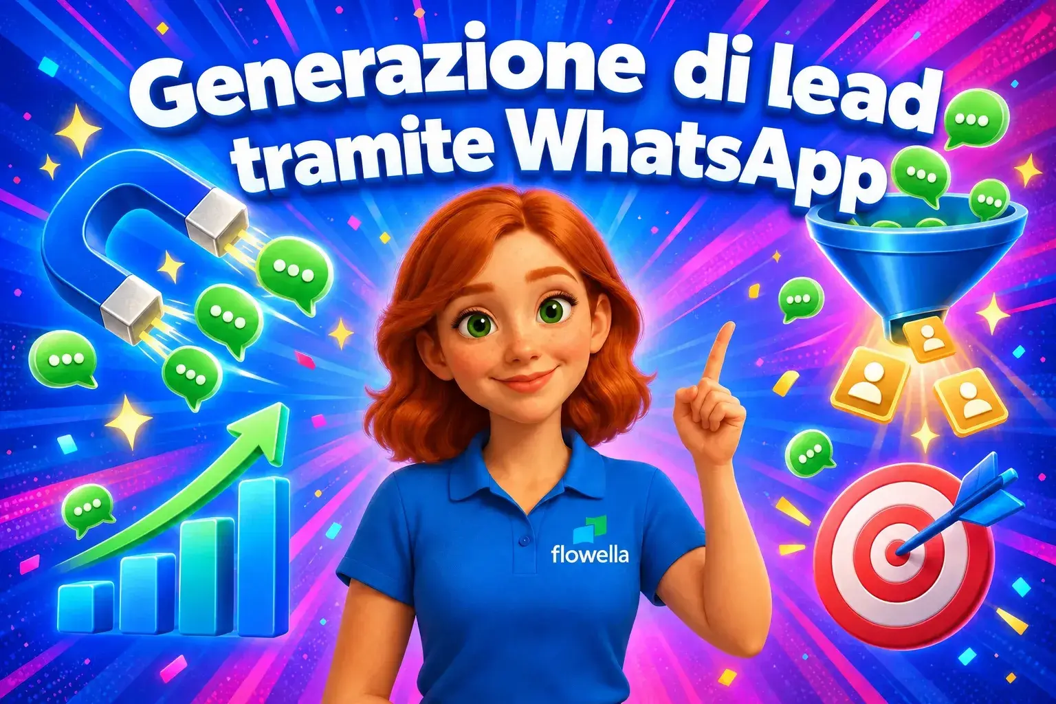 Flo di Flowella indica il titolo “WhatsApp Lead Generation”, circondata da una calamita, un imbuto e delle nuvolette di chat che si trasformano in lead