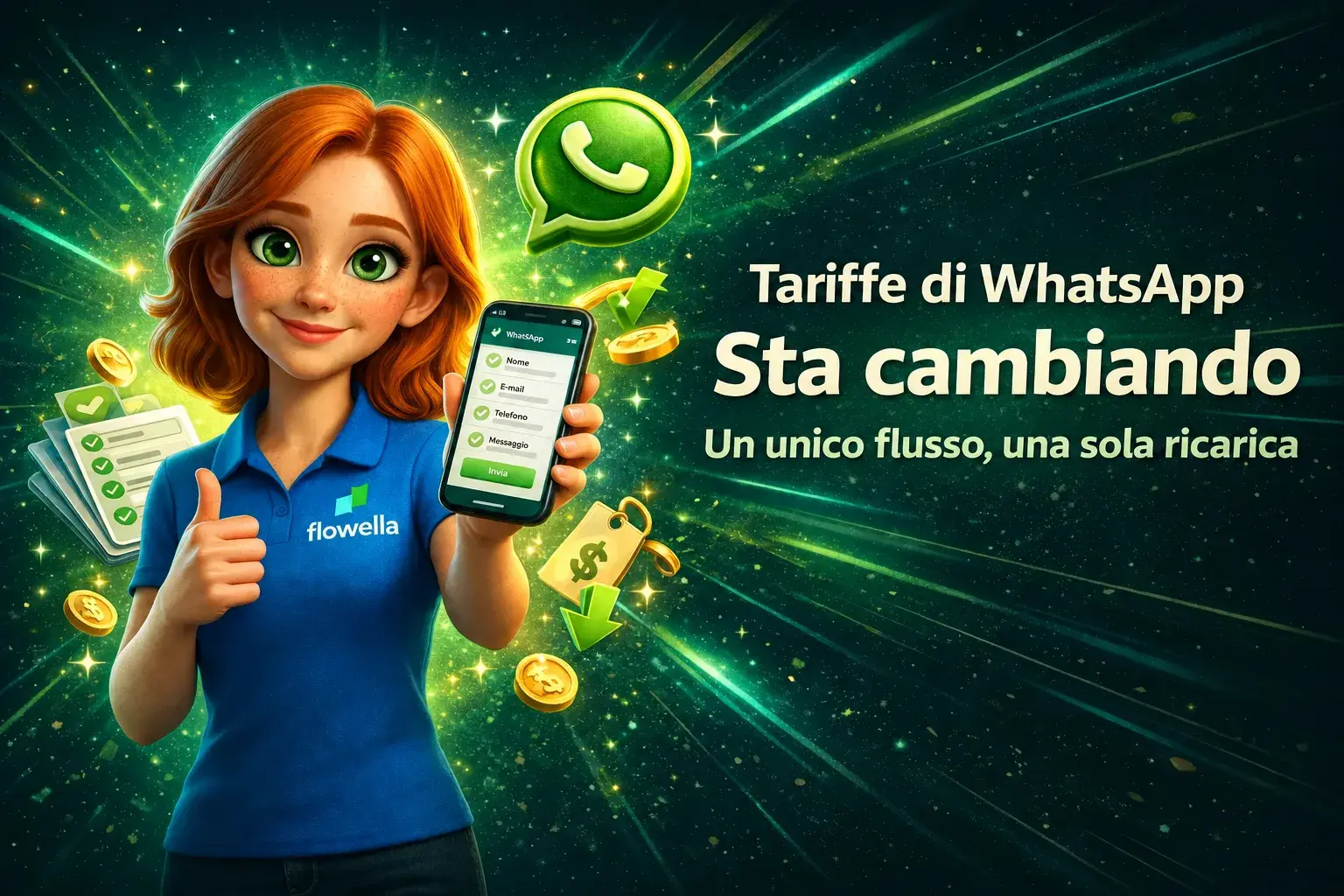 Flo tiene in mano un telefono su cui è visualizzato un modulo di WhatsApp Flow, con la scritta “I prezzi di WhatsApp stanno cambiando: un unico flusso, un unico costo”