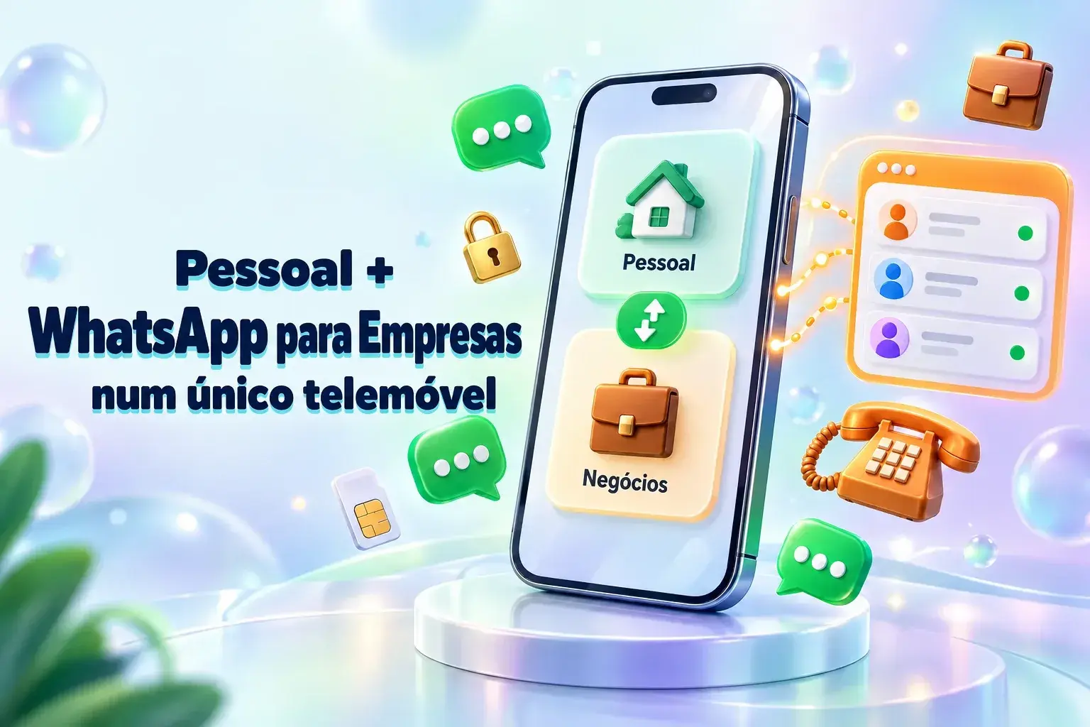 WhatsApp pessoal e empresarial no mesmo telemóvel: um smartphone que alterna entre contas pessoais e empresariais, a par de uma caixa de entrada partilhada pela equipa