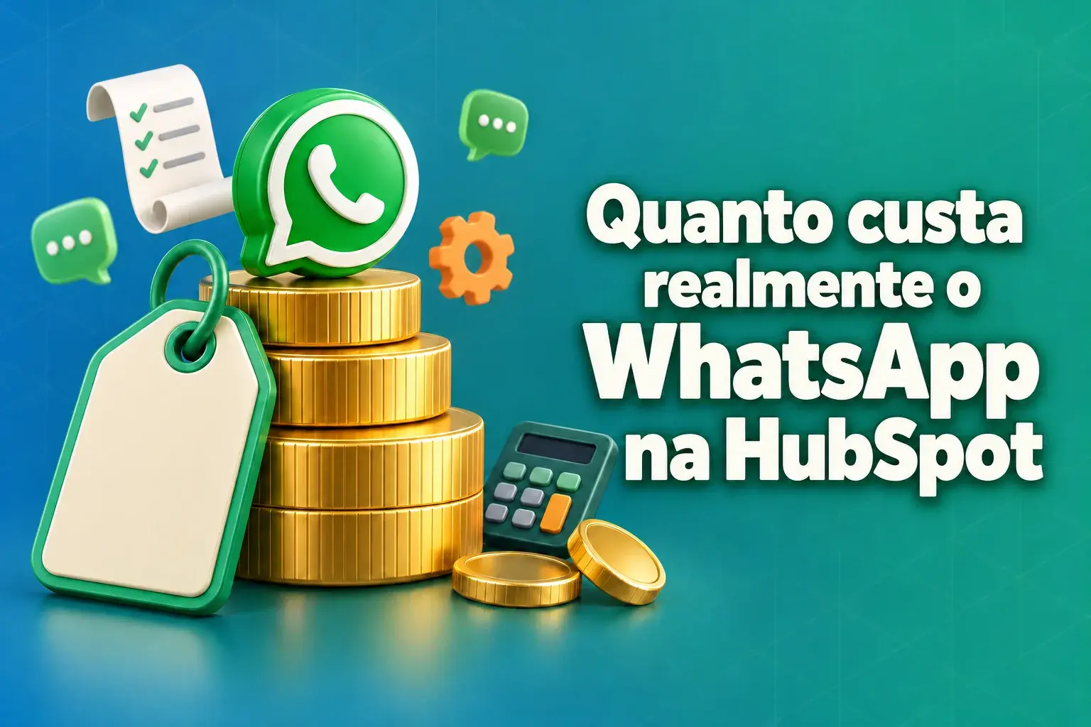 Custo do WhatsApp no HubSpot: uma etiqueta de preço apoiada numa pilha de moedas de ouro, encimada por um balão de conversa verde, ao lado do título «Quanto custa realmente o WhatsApp no HubSpot»