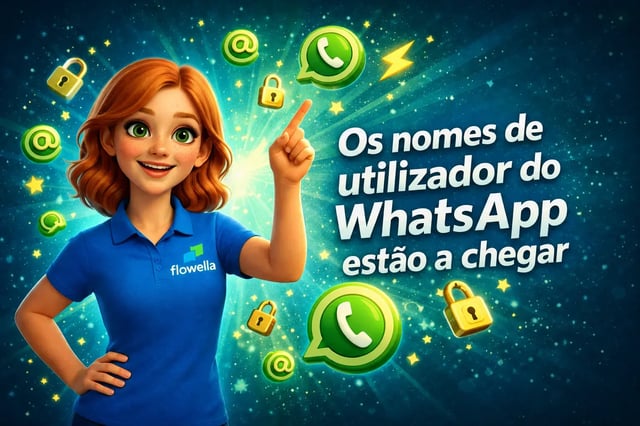 Flo, a personagem do Flowella, apresenta informações sobre nomes de utilizador do WhatsApp e IDs de utilizador para empresas (BSUIDs)