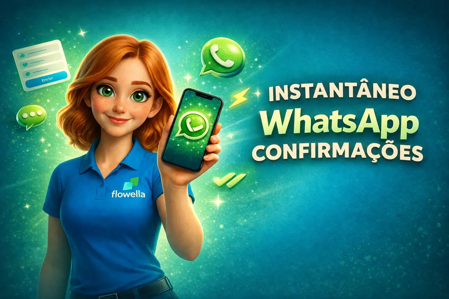 A Flo, da Flowella, segura um telemóvel no qual se vê uma confirmação instantânea do HubSpot enviada pelo WhatsApp após o envio de um formulário