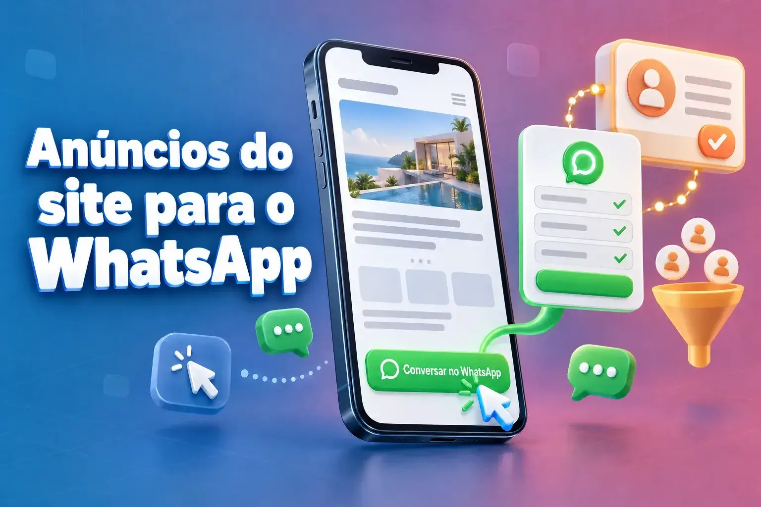 Anúncios do site para o WhatsApp: uma página de destino num telemóvel com um botão «Conversar no WhatsApp» que redireciona para um WhatsApp Flow e um cartão de contacto no CRM