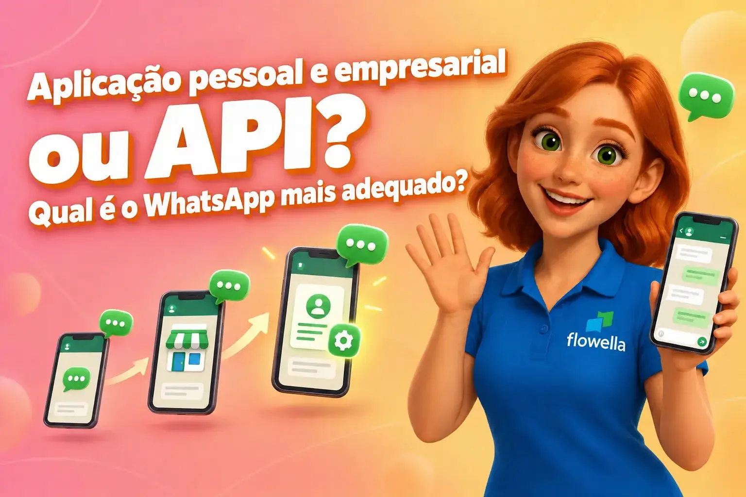 Aplicação WhatsApp Business vs. API: Flo, da Flowella, acena ao lado de três telemóveis, ilustrando a transição do WhatsApp pessoal para a aplicação WhatsApp Business e, posteriormente, para a Plataforma WhatsApp Business