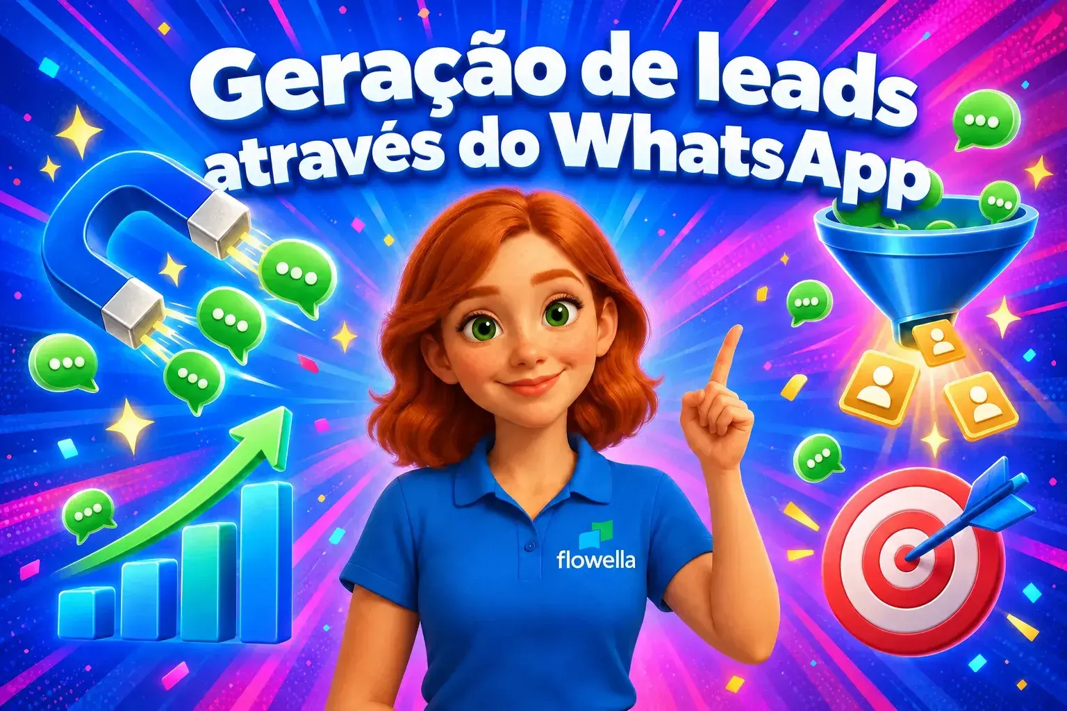 A Flo, da Flowella, a apontar para o título «Geração de leads no WhatsApp», rodeada por um íman, um funil e balões de conversa que se transformam em leads