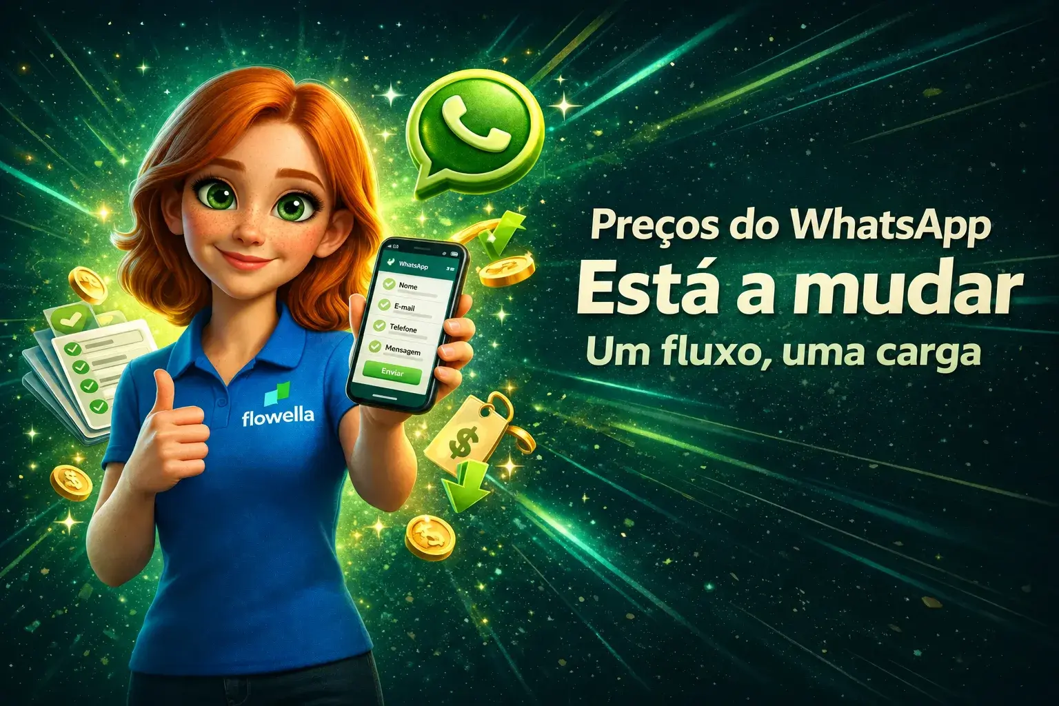 A Flo segura um telemóvel no qual se vê um formulário do WhatsApp Flow, com as palavras «Os preços do WhatsApp vão mudar: um Flow, uma tarifa»