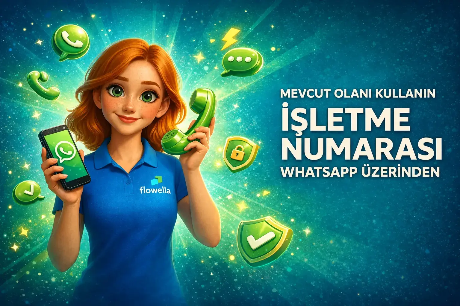 Flowella karakteri Flo, bir elinde WhatsApp sohbeti görüntüleyen bir akıllı telefon, diğer elinde ise retro bir telefon ahizesi tutarken, yanında “WhatsApp’ta mevcut iş numaranızı kullanın” yazısı yer alıyor.