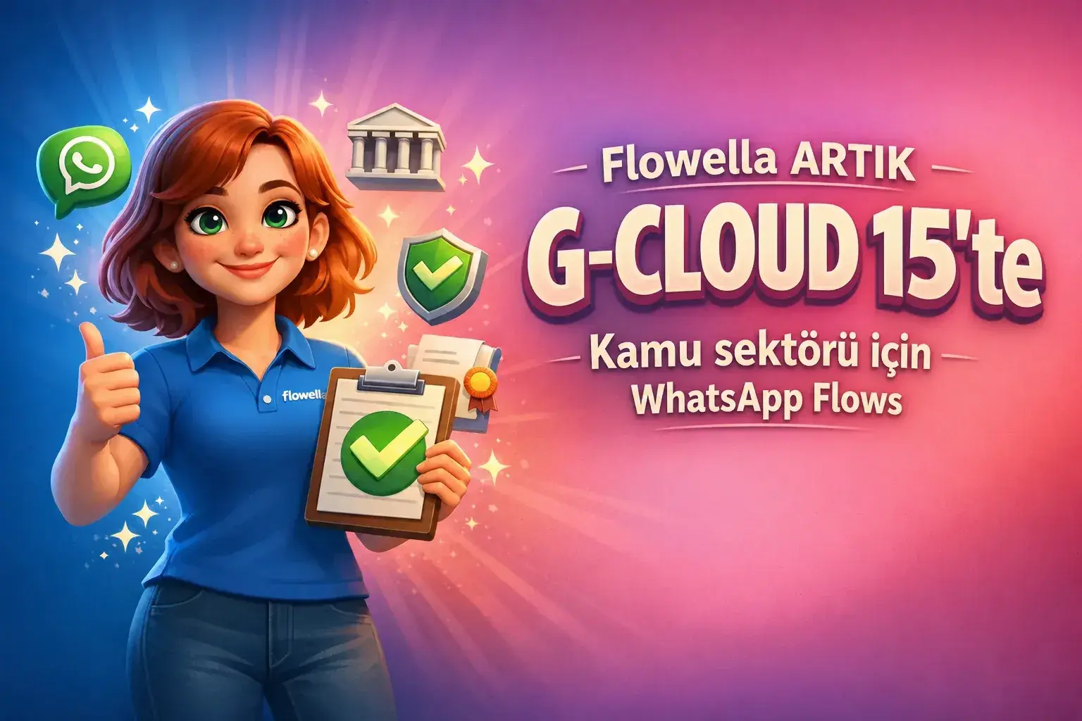 Flowella’nın maskotu Flo, başparmağını yukarı doğru kaldırmış ve üzerinde “Flowella artık G-Cloud 15’te, kamu sektörü için WhatsApp Flows” yazan ve yanında yeşil bir onay işareti bulunan bir not defteri tutuyor.