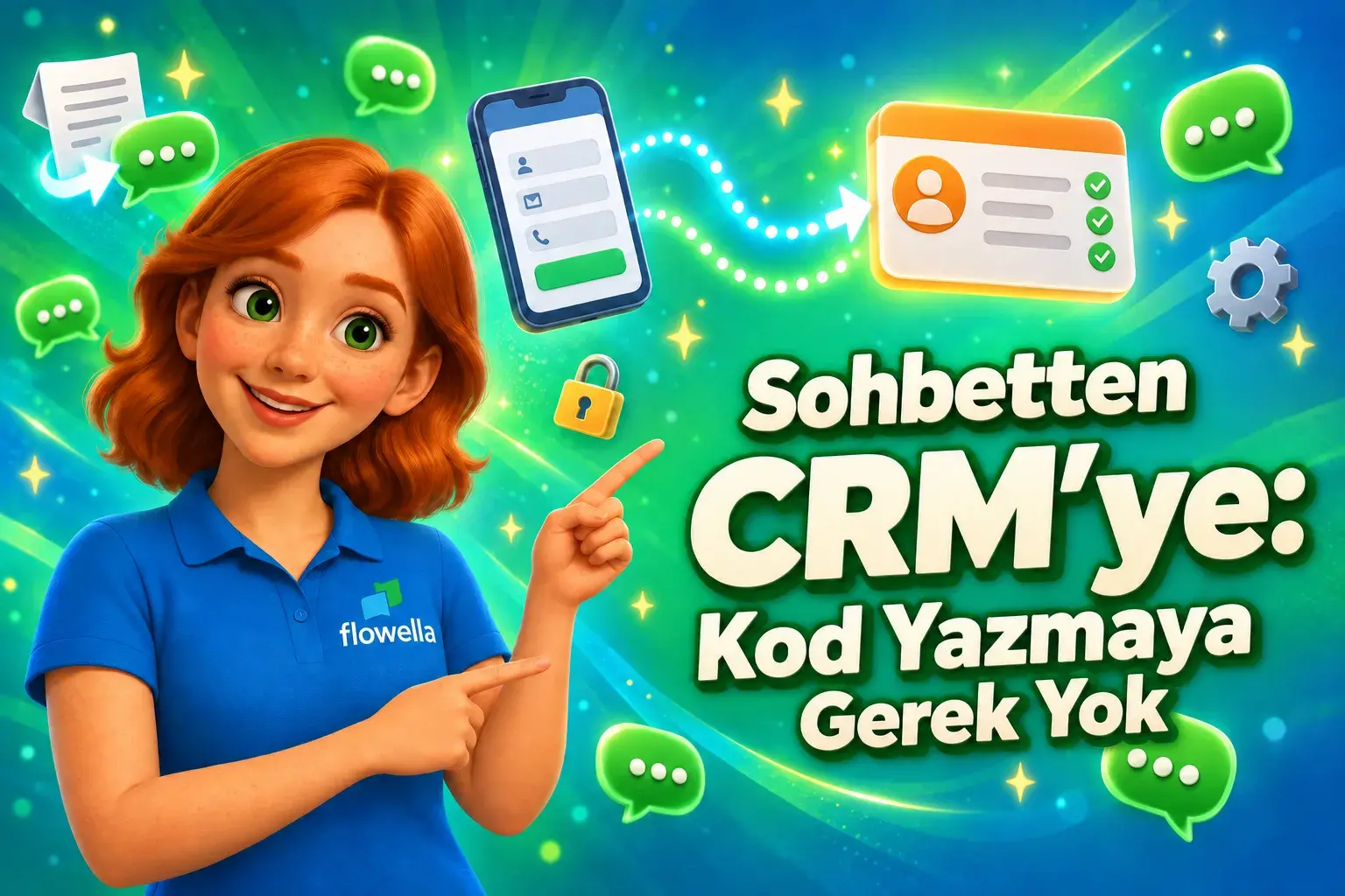 Flowella’dan Flo, “Sohbetten CRM’ye” başlığını işaret ediyor; burada bir WhatsApp Flow formu, HubSpot kişi kartıyla senkronize ediliyor