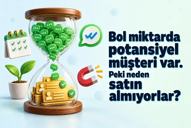 WhatsApp sohbet balonlarıyla dolan ve daha sonra kişi kartlarına dönüşen kum saati, potansiyel müşterilerin neden henüz satın almadığını gösteriyor