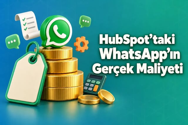 WhatsApp HubSpot maliyeti: “HubSpot’ta WhatsApp’ın Gerçek Maliyeti Nedir?” başlığının yanında, üstünde yeşil bir sohbet balonu bulunan bir altın sikke yığınına dayalı bir fiyat etiketi