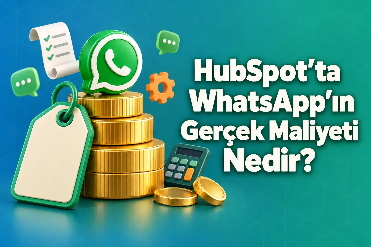 WhatsApp HubSpot maliyeti: “HubSpot’ta WhatsApp’ın Gerçek Maliyeti Nedir?” başlığının yanında, üstünde yeşil bir sohbet balonu bulunan bir altın sikke yığınına dayalı bir fiyat etiketi