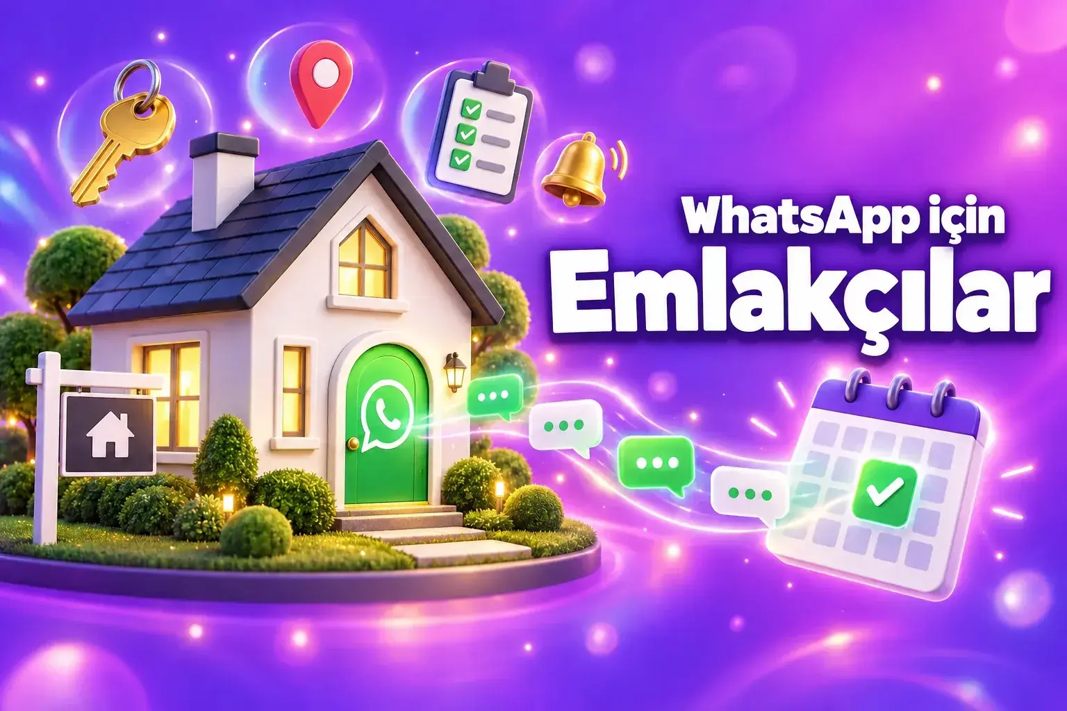 Emlakçılar için WhatsApp: WhatsApp sohbet penceresi aracılığıyla rezervasyon yapılmış ev gezisi takvimine mesajlar gönderen 3 boyutlu bir ev