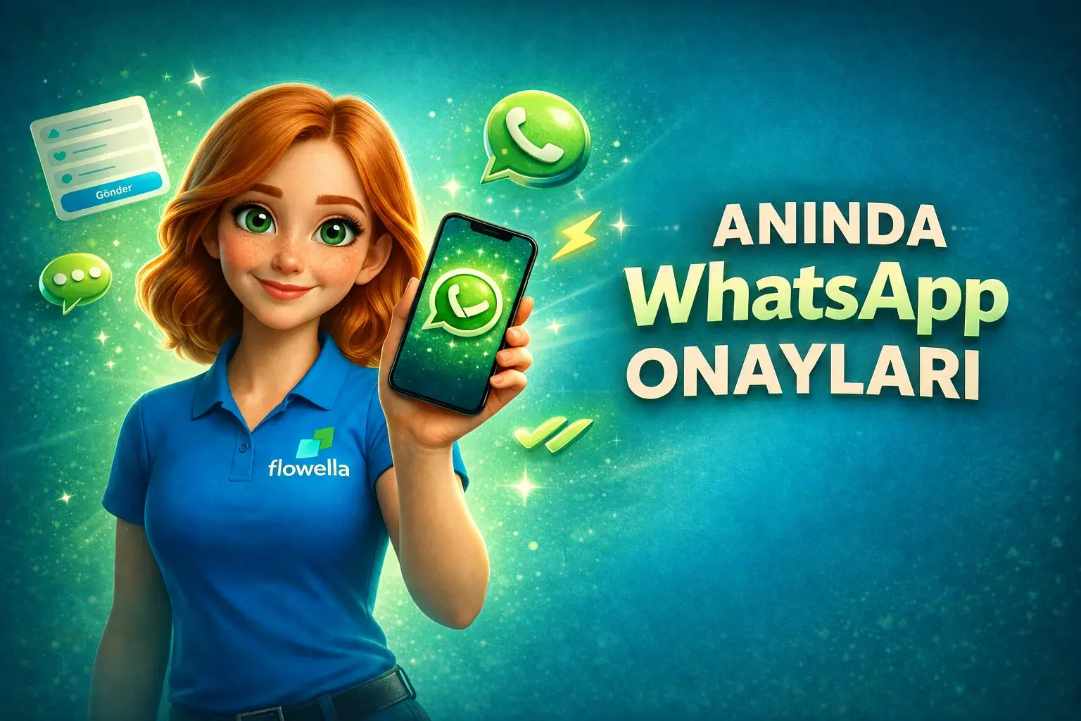 Flowella’dan Flo, bir formun gönderilmesinin ardından anında gelen HubSpot WhatsApp onay mesajını gösteren bir telefonu elinde tutuyor
